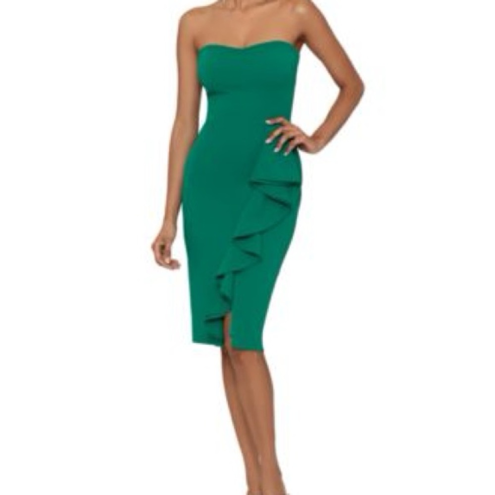 Betsy Adam Strapless Green Dress with Ruffle